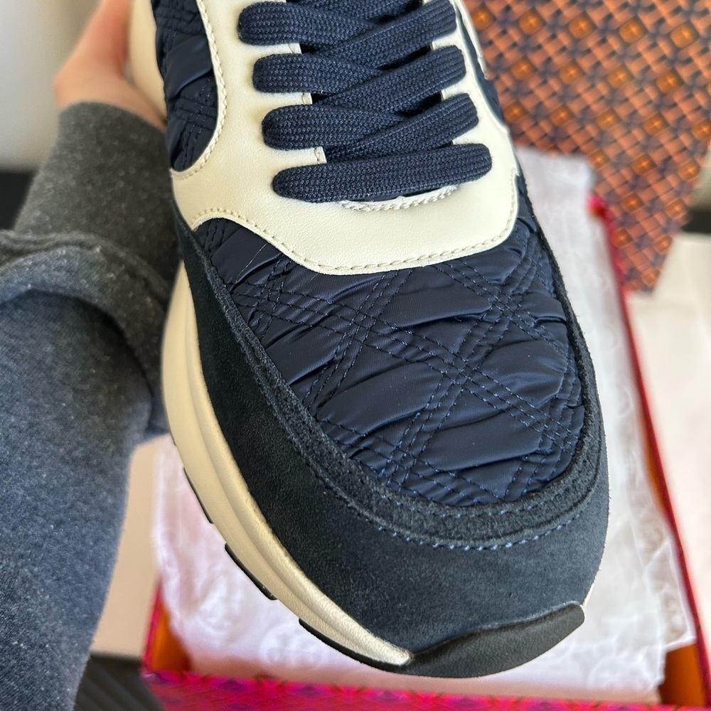 Tory Burch Kick Trainer Sneakers Size 9 Satin Tory Navy white Blue - Picture 5 of 10